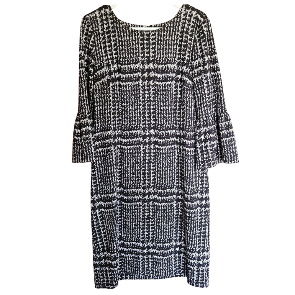 Talbots Black White Geometric Sheath Dress 8 | Flounce Bell Sleeve Ponte